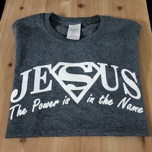 Superman Jesus, Power in the name gray Blue t shirt